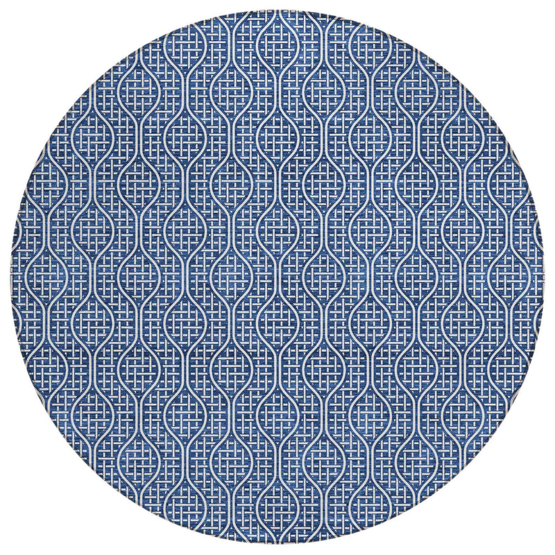 8' Navy Blue And Ivory Round Geometric Washable Indoor Outdoor Area Rug