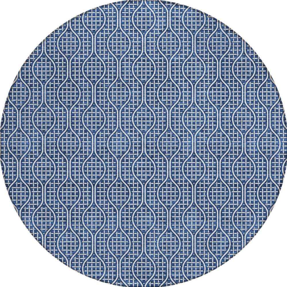 8' Navy Blue And Ivory Round Geometric Washable Indoor Outdoor Area Rug