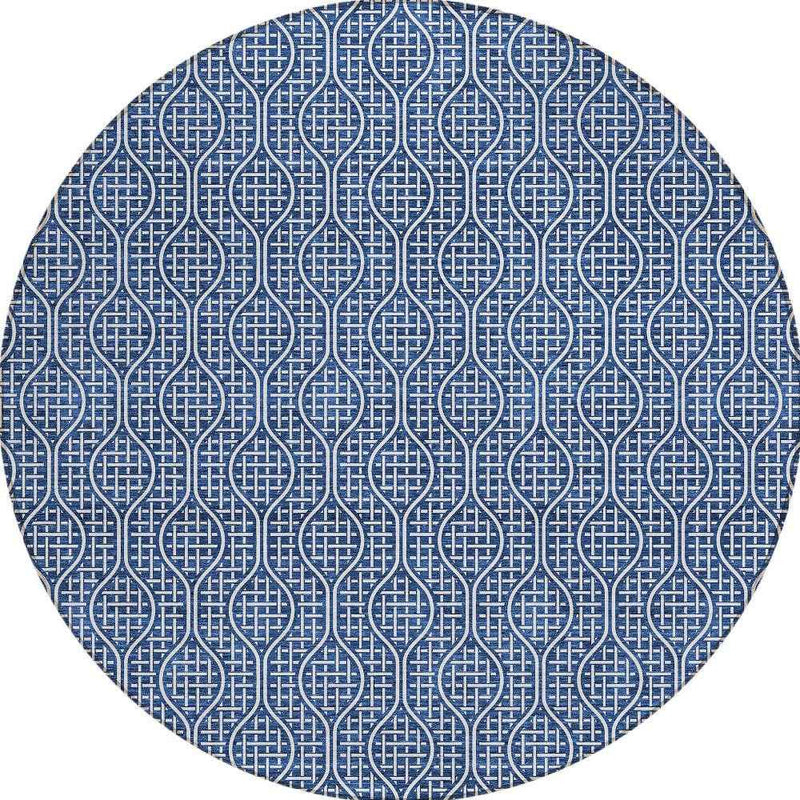 8' Navy Blue And Ivory Round Geometric Washable Indoor Outdoor Area Rug