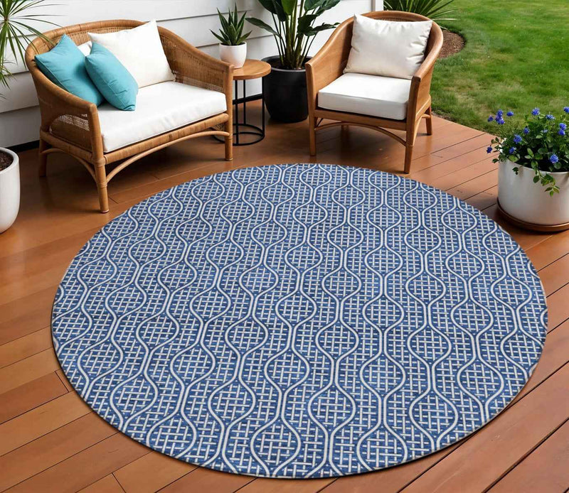 8' Navy Blue And Ivory Round Geometric Washable Indoor Outdoor Area Rug