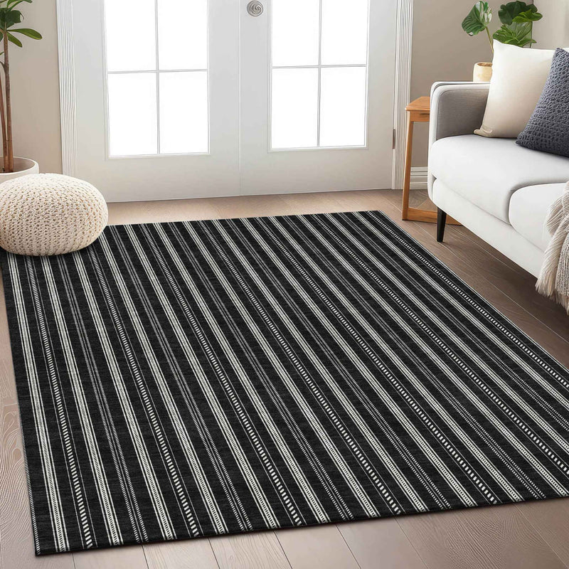 3' X 5' Black And Ivory Striped Washable Indoor Outdoor Area Rug