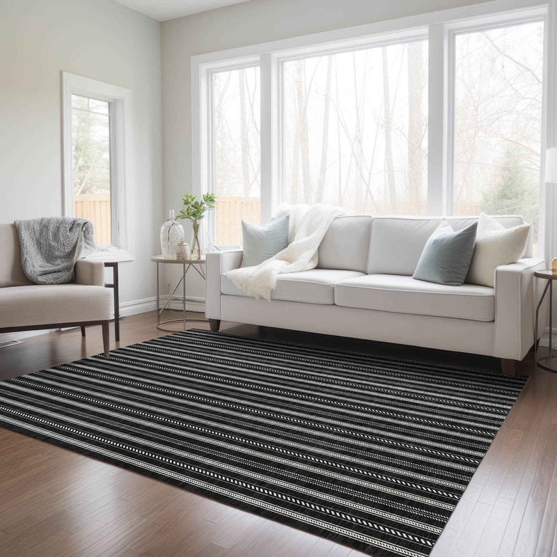 3' X 5' Black And Ivory Striped Washable Indoor Outdoor Area Rug