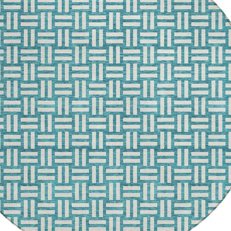 8' Teal Blue And Gray Round Geometric Washable Indoor Outdoor Area Rug
