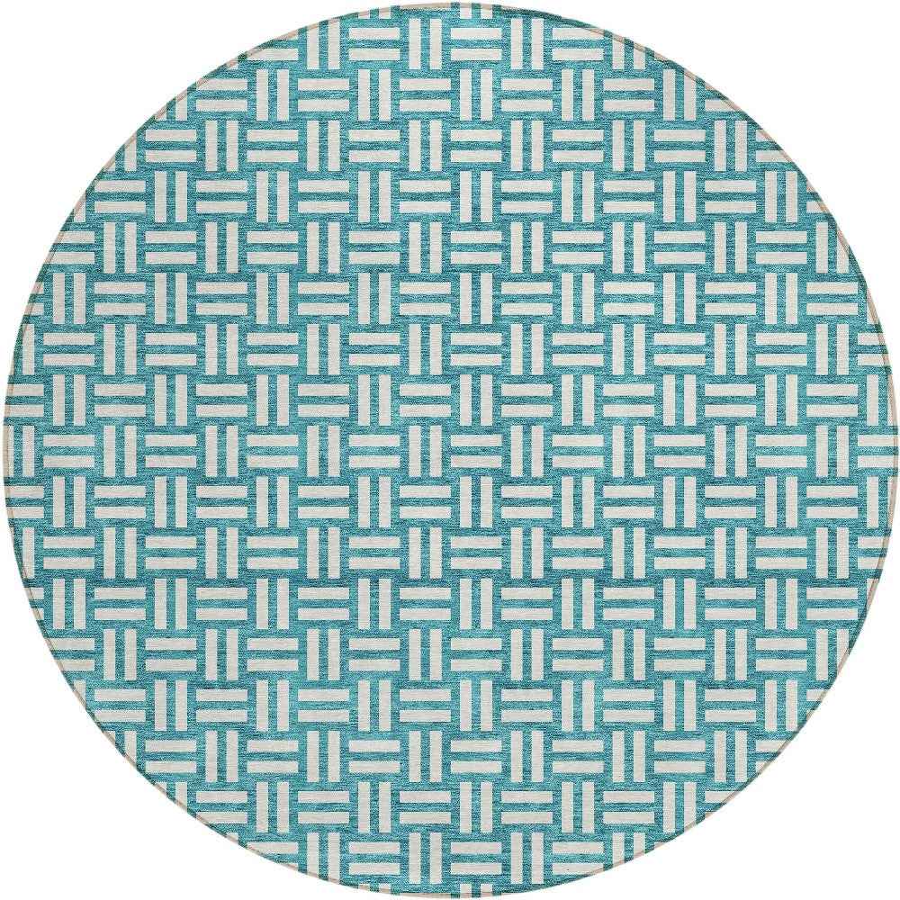 8' Teal Blue And Gray Round Geometric Washable Indoor Outdoor Area Rug