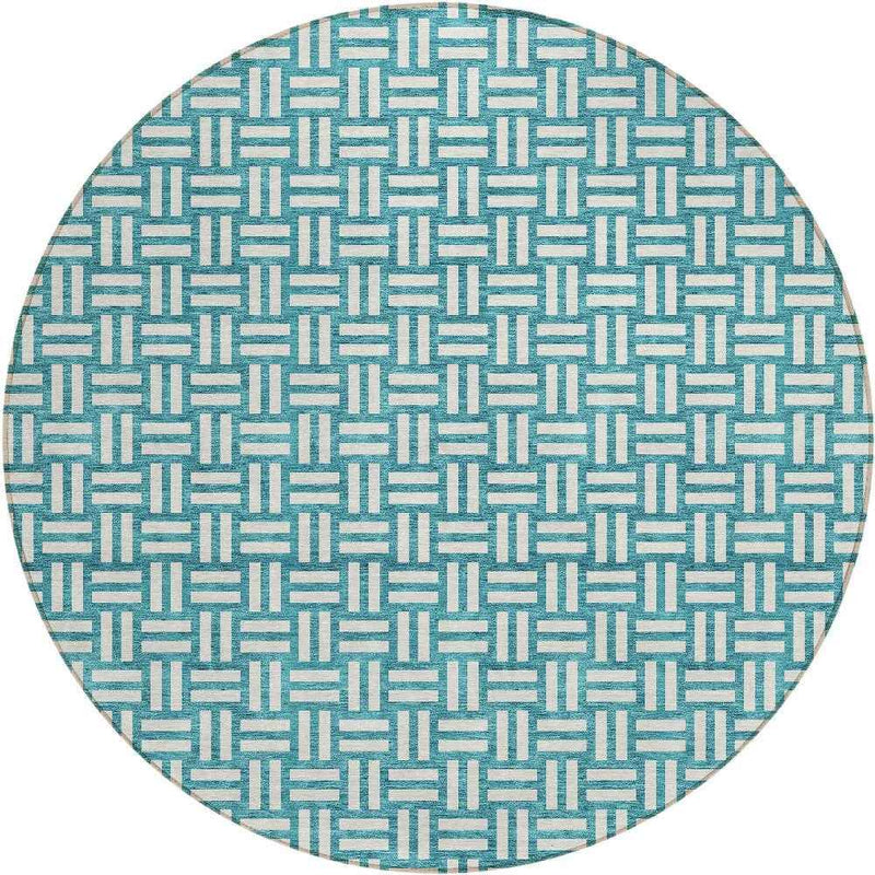 8' Teal Blue And Gray Round Geometric Washable Indoor Outdoor Area Rug
