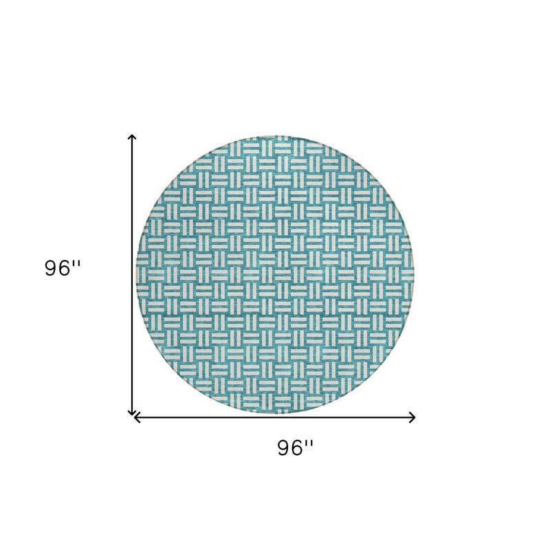 8' Teal Blue And Gray Round Geometric Washable Indoor Outdoor Area Rug