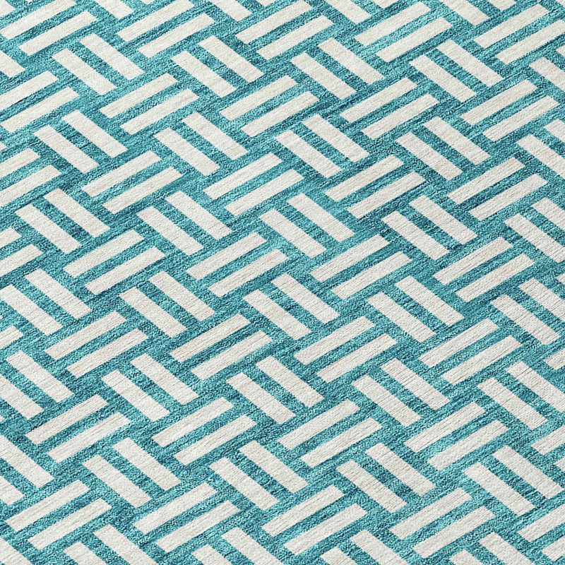 8' Teal Blue And Gray Round Geometric Washable Indoor Outdoor Area Rug