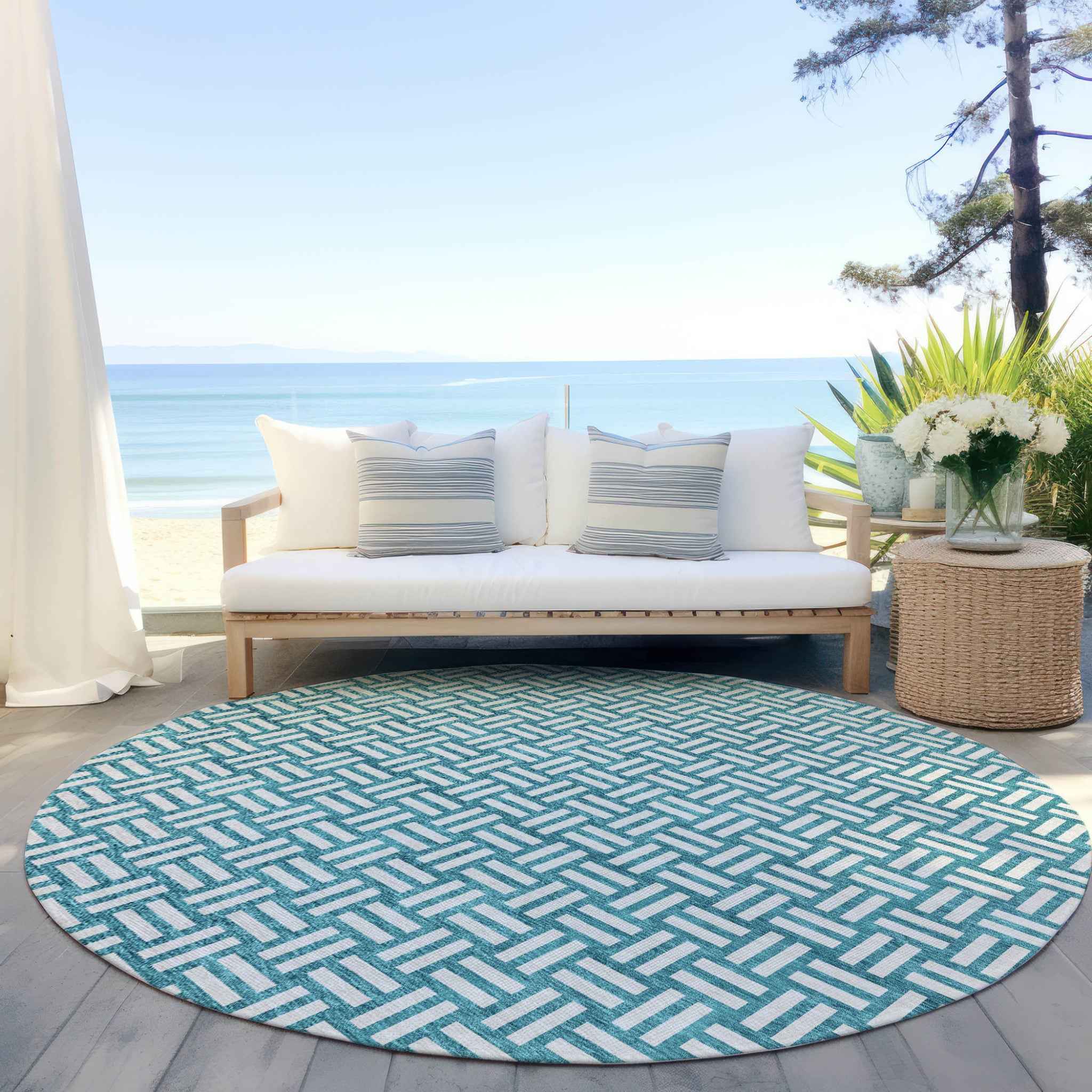 8' Teal Blue And Gray Round Geometric Washable Indoor Outdoor Area Rug