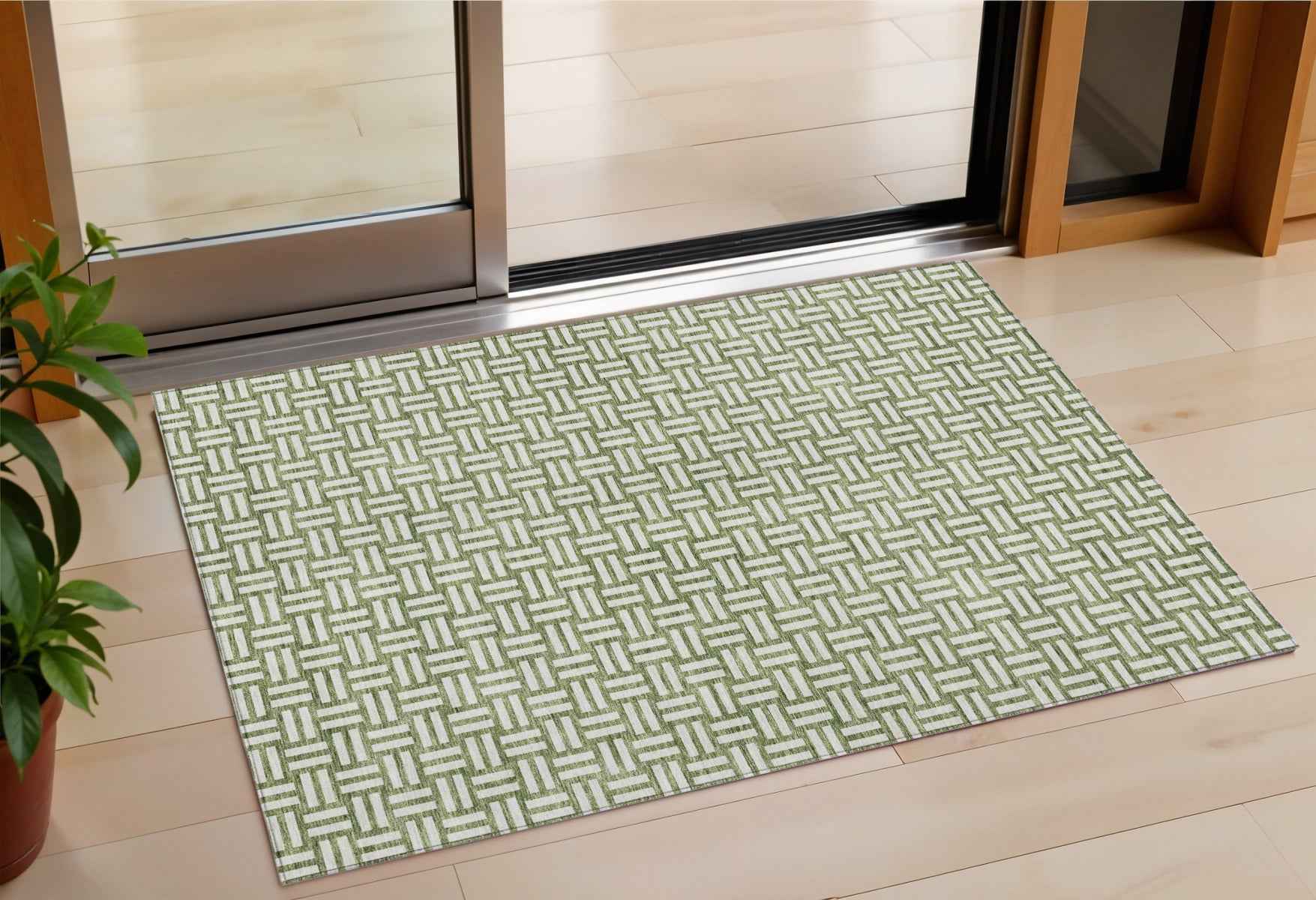 3' X 5' Green And Ivory Geometric Washable Indoor Outdoor Area Rug