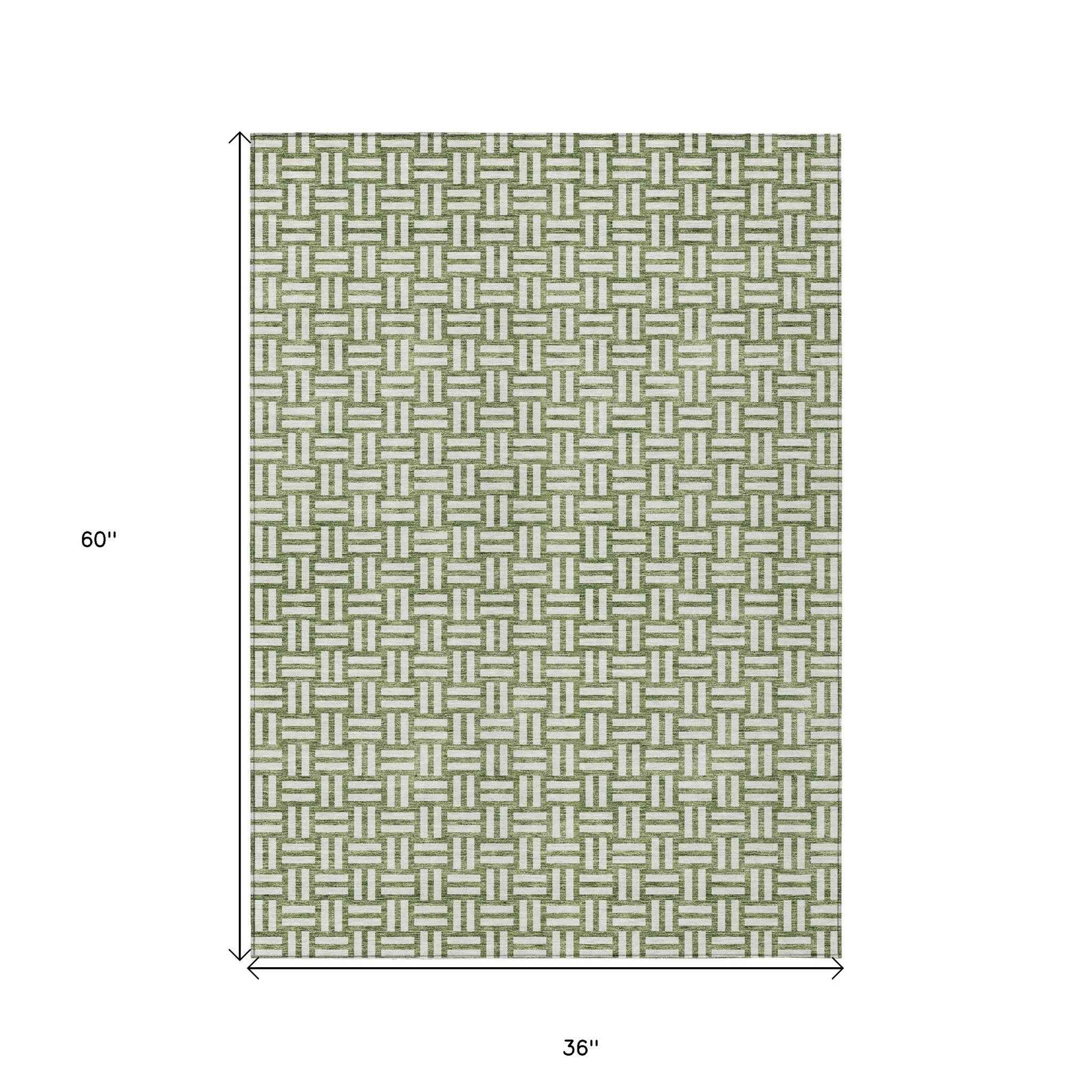3' X 5' Green And Ivory Geometric Washable Indoor Outdoor Area Rug