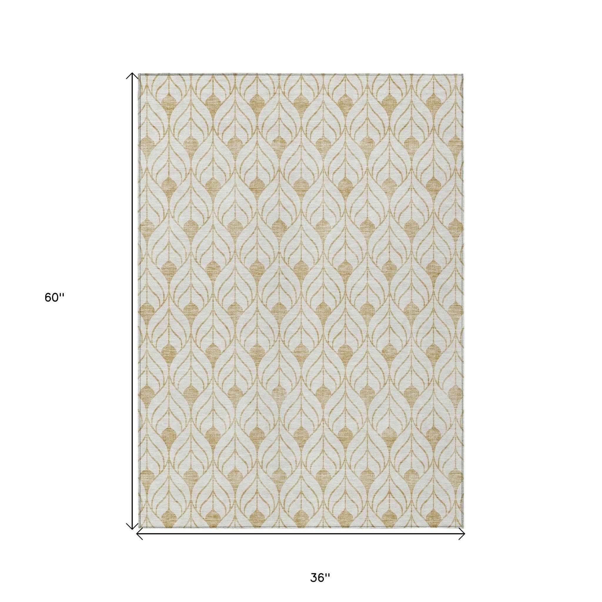 3' X 5' Gold And Beige Geometric Washable Indoor Outdoor Area Rug