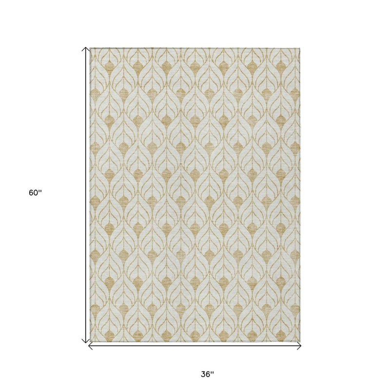 3' X 5' Gold And Beige Geometric Washable Indoor Outdoor Area Rug