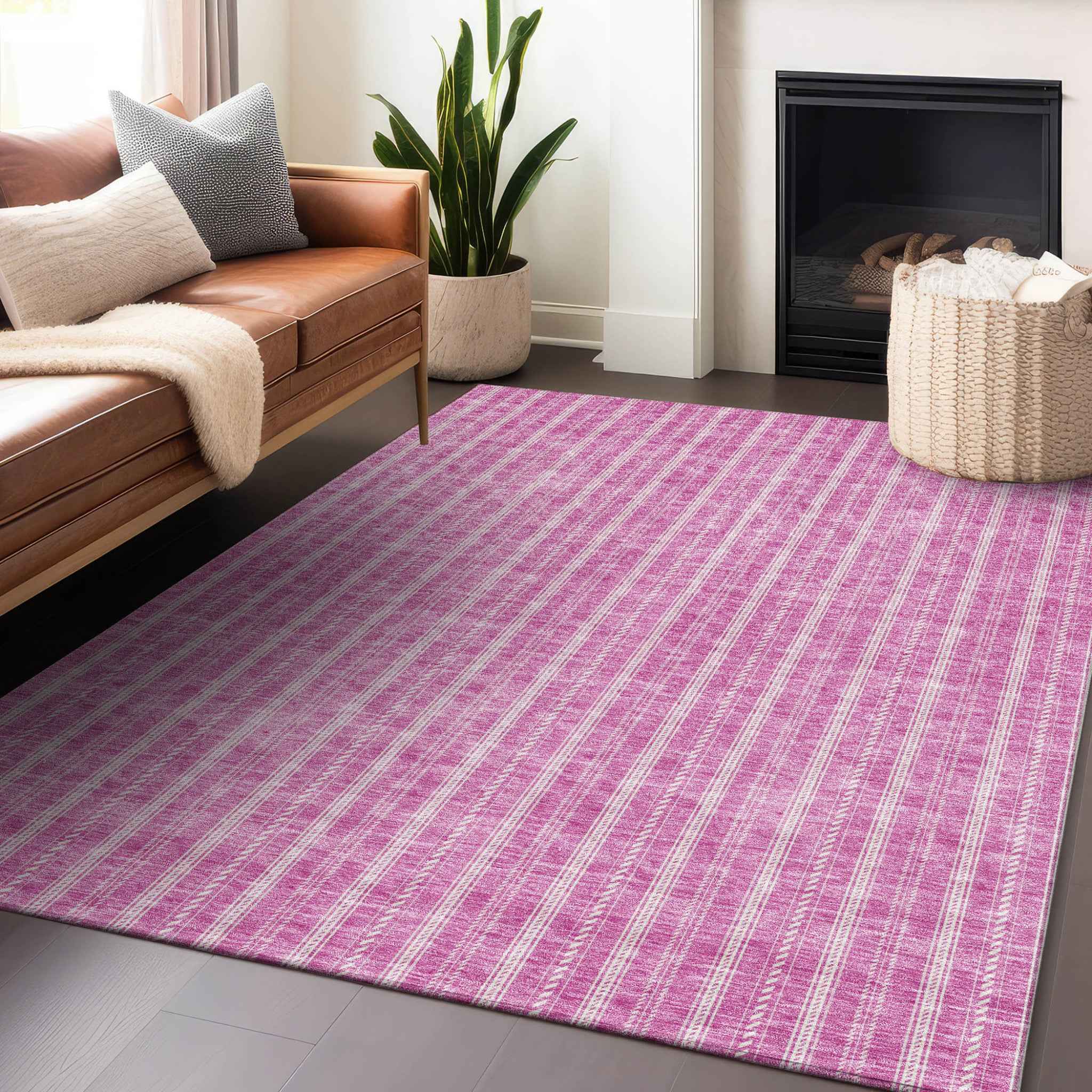 5' X 8' Blush And Ivory Striped Washable Indoor Outdoor Area Rug
