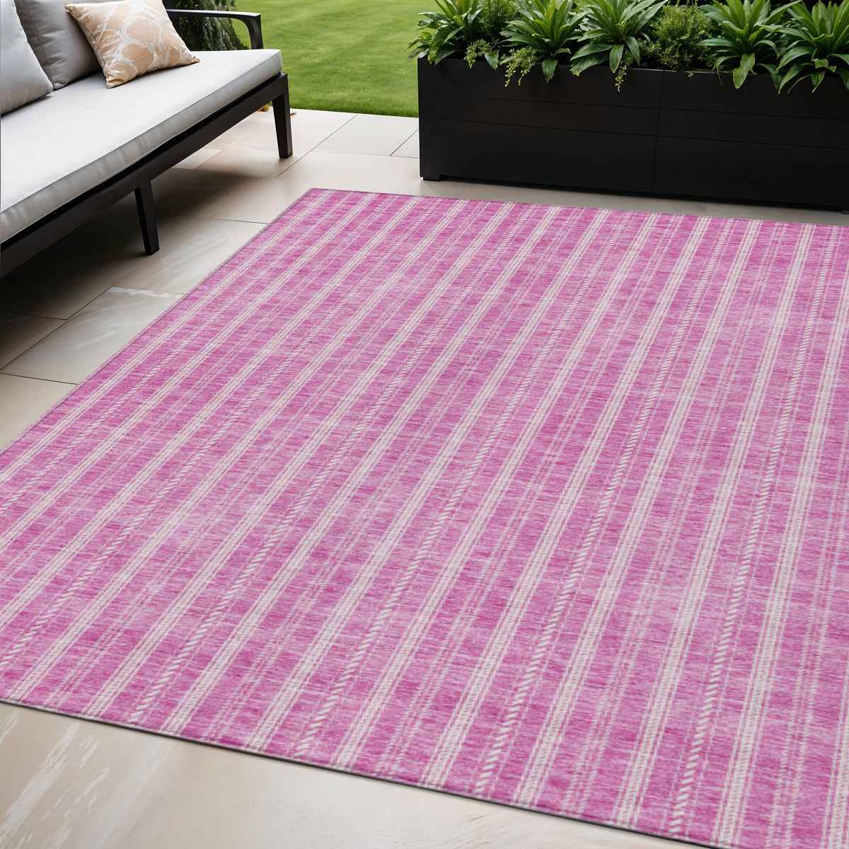 5' X 8' Blush And Ivory Striped Washable Indoor Outdoor Area Rug