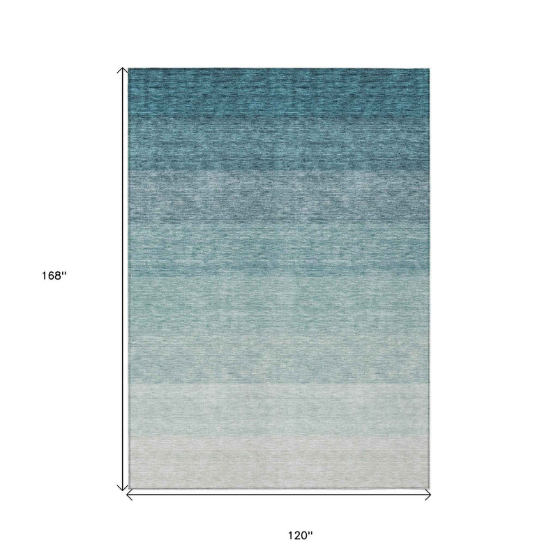 10' X 14' Teal Blue And Ivory Ombre Washable Indoor Outdoor Area Rug