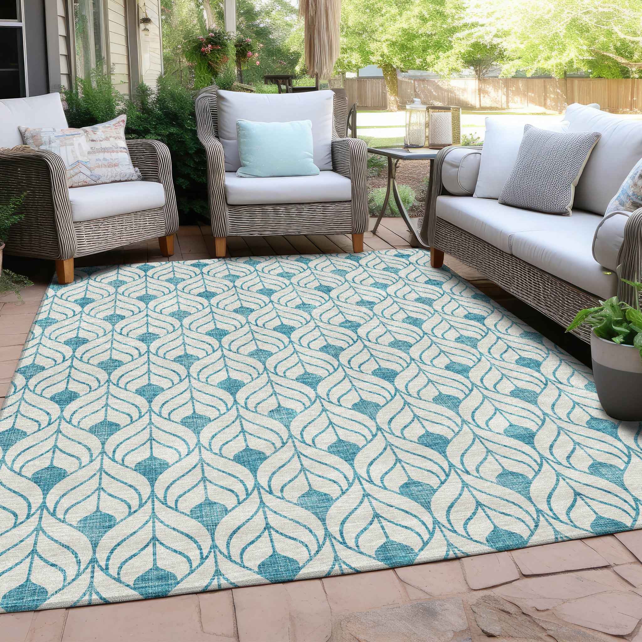 8' X 10' Teal Blue And Ivory Geometric Washable Indoor Outdoor Area Rug