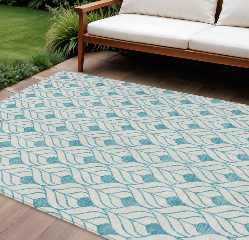 8' X 10' Teal Blue And Ivory Geometric Washable Indoor Outdoor Area Rug