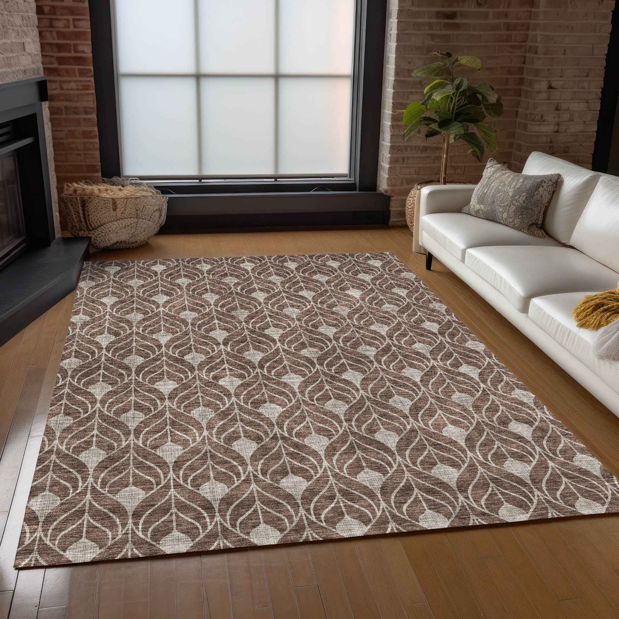 5' X 8' Chocolate And Beige Geometric Washable Indoor Outdoor Area Rug
