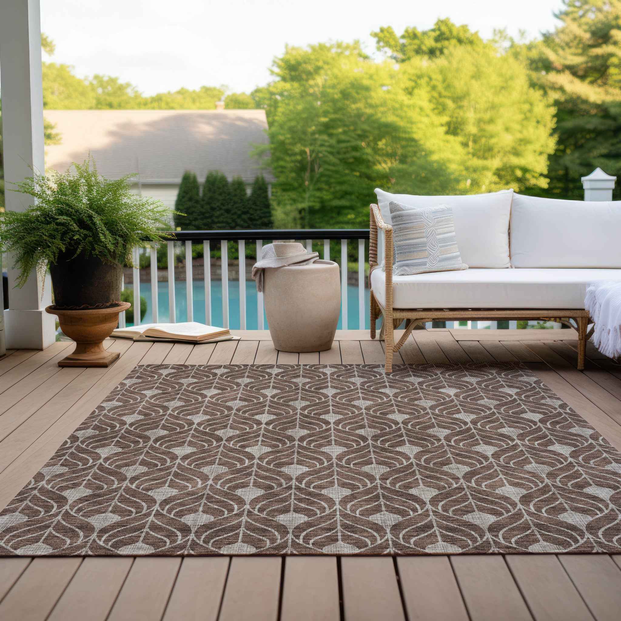 5' X 8' Chocolate And Beige Geometric Washable Indoor Outdoor Area Rug