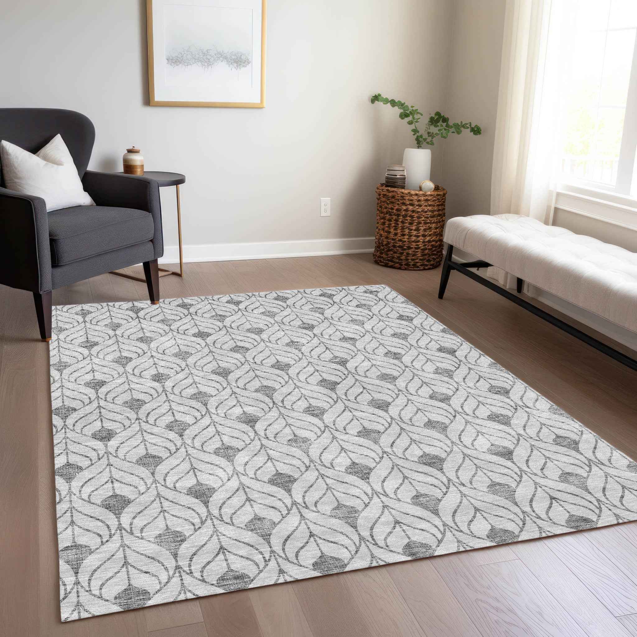 8' X 10' Silver And Gray Geometric Washable Indoor Outdoor Area Rug