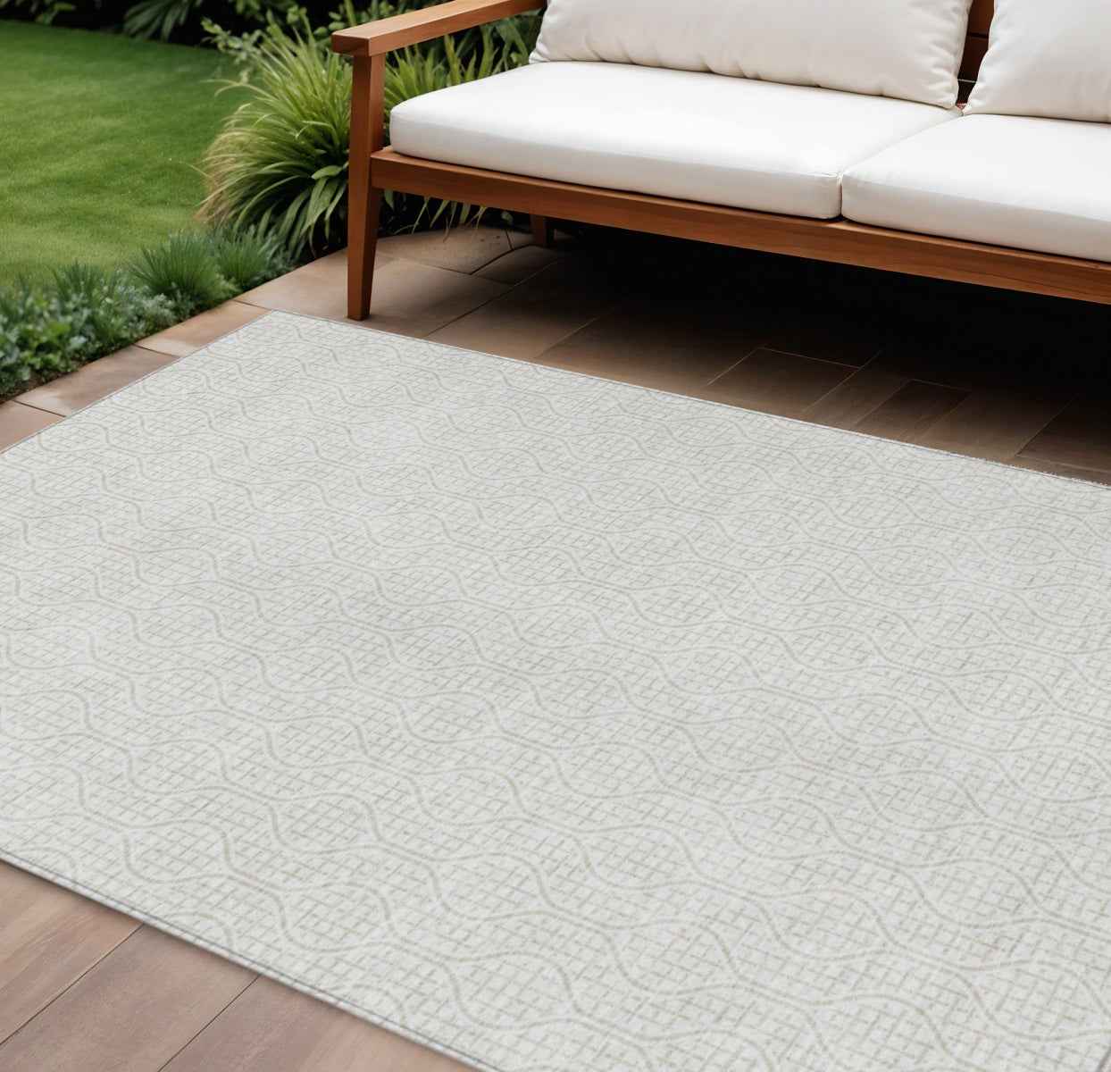 9' X 12' Ivory And Beige Geometric Washable Indoor Outdoor Area Rug