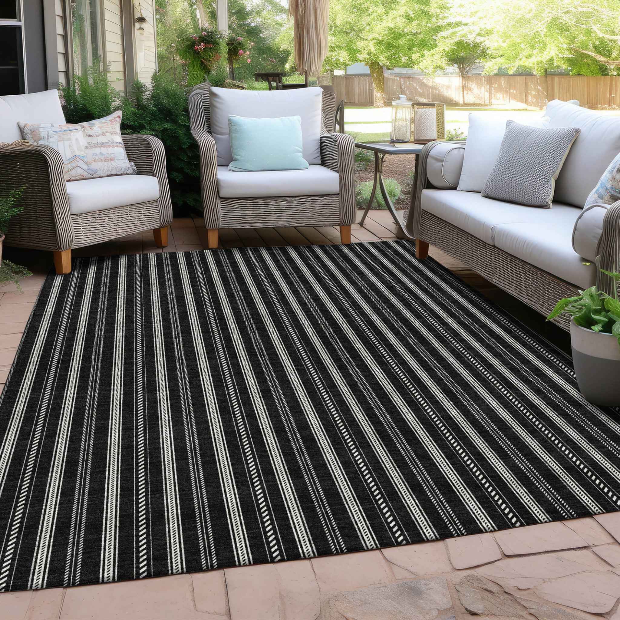 9' X 12' Black And Ivory Striped Washable Indoor Outdoor Area Rug