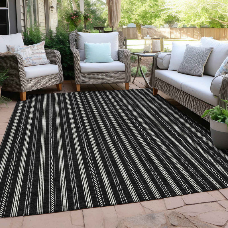 5' X 8' Black And Ivory Striped Washable Indoor Outdoor Area Rug