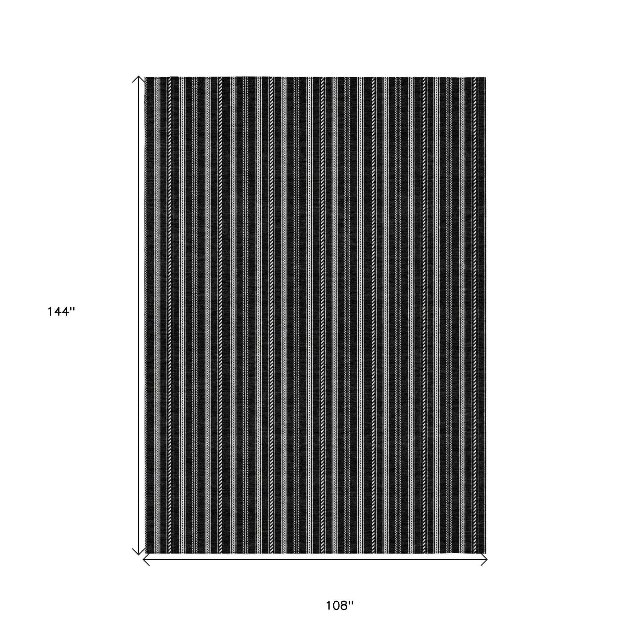 9' X 12' Black And Ivory Striped Washable Indoor Outdoor Area Rug