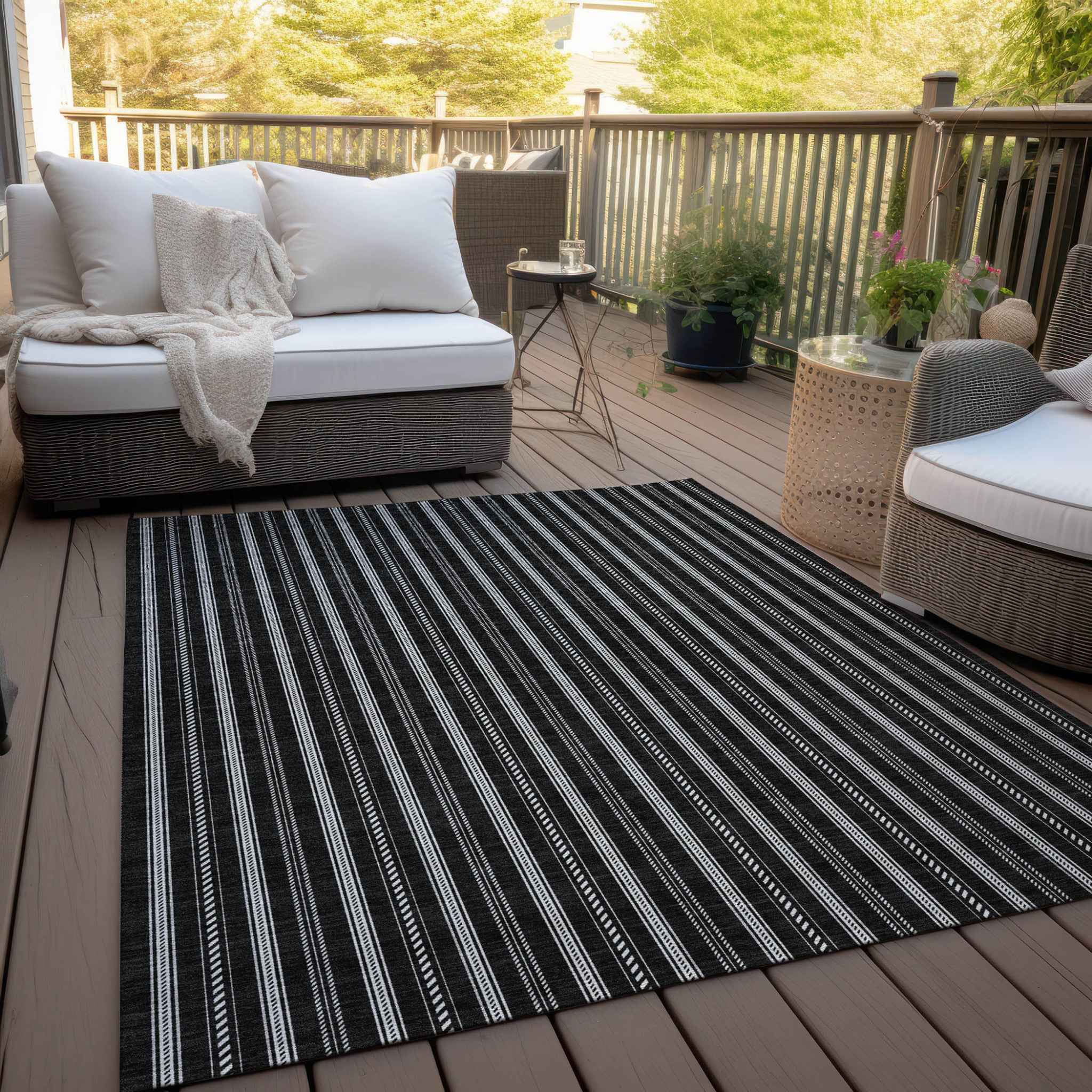 5' X 8' Black And Ivory Striped Washable Indoor Outdoor Area Rug