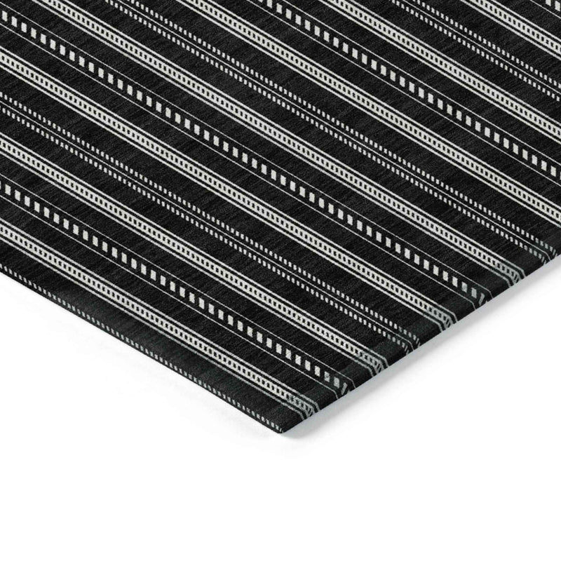 9' X 12' Black And Ivory Striped Washable Indoor Outdoor Area Rug