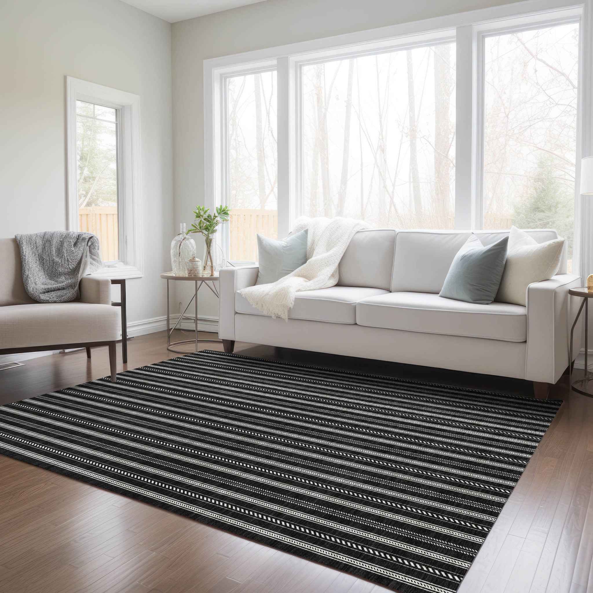 5' X 8' Black And Ivory Striped Washable Indoor Outdoor Area Rug