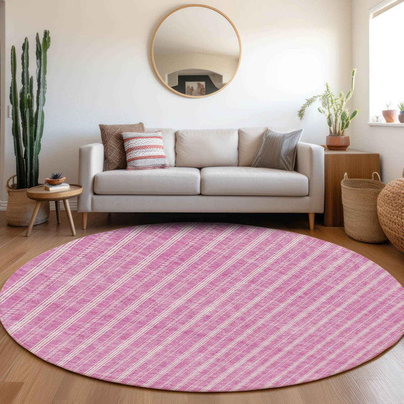8' Blush And Ivory Round Striped Washable Indoor Outdoor Area Rug