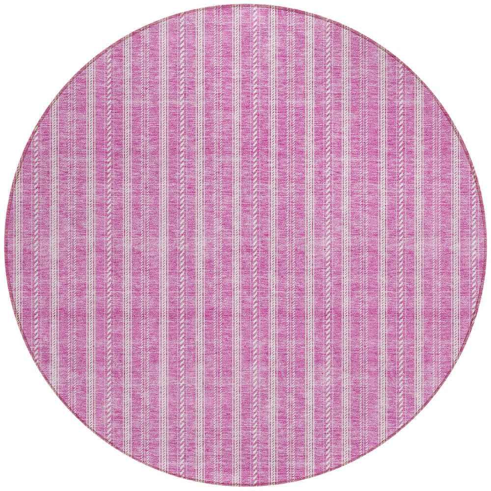 8' Blush And Ivory Round Striped Washable Indoor Outdoor Area Rug