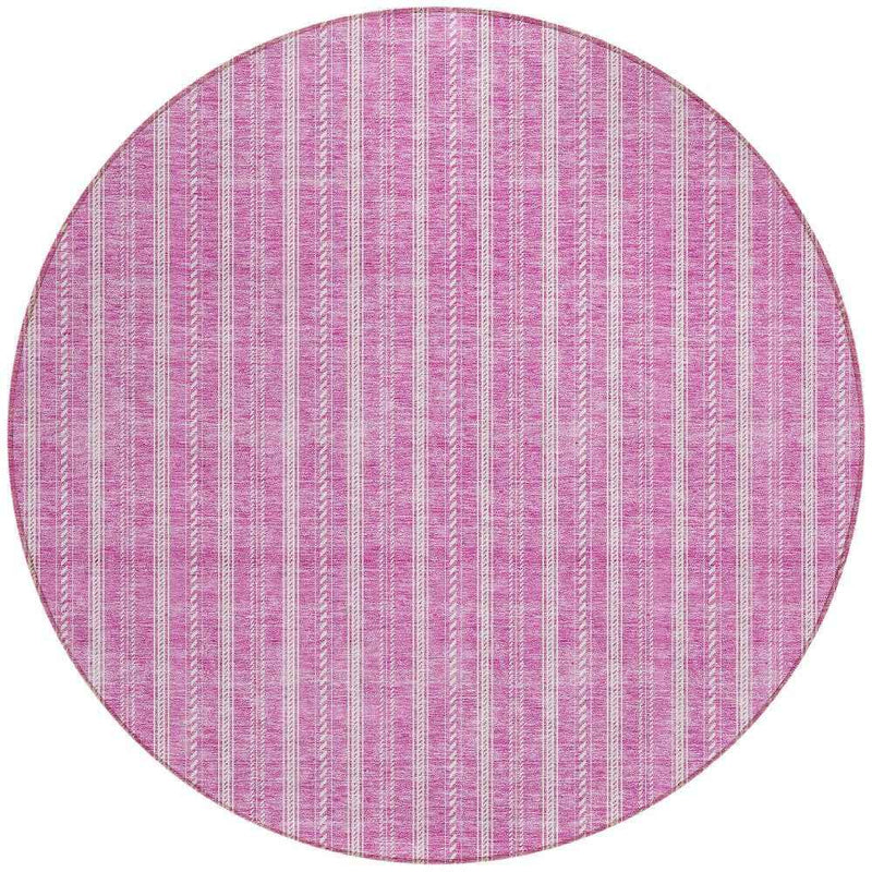 8' Blush And Ivory Round Striped Washable Indoor Outdoor Area Rug