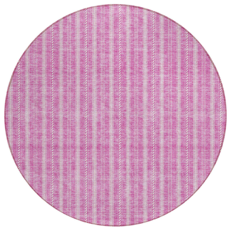 8' Blush And Ivory Round Striped Washable Indoor Outdoor Area Rug