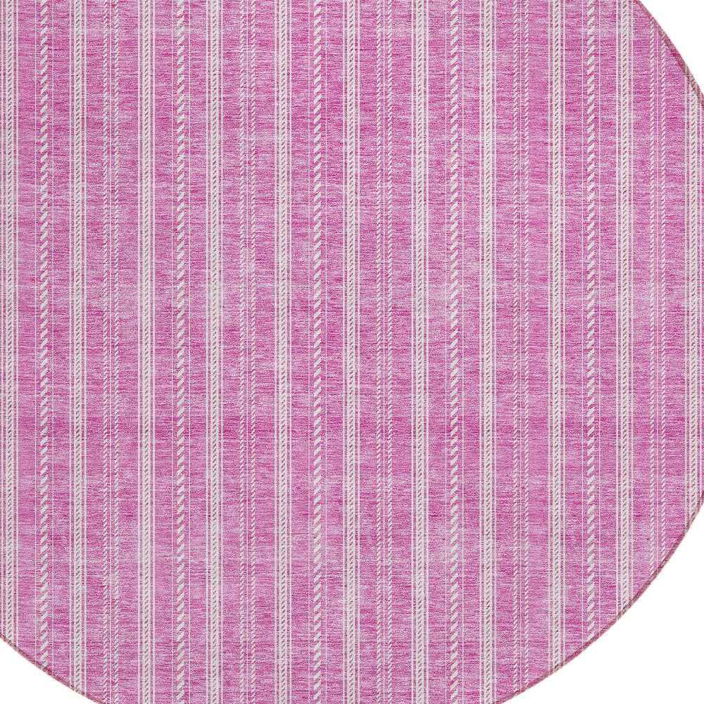 8' Blush And Ivory Round Striped Washable Indoor Outdoor Area Rug