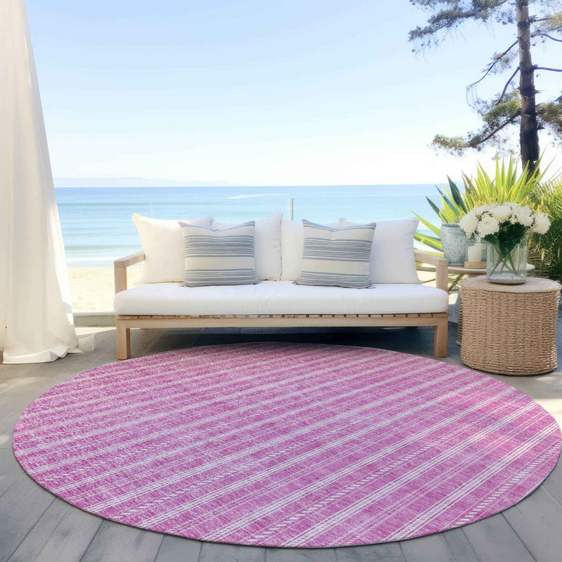 8' Blush And Ivory Round Striped Washable Indoor Outdoor Area Rug