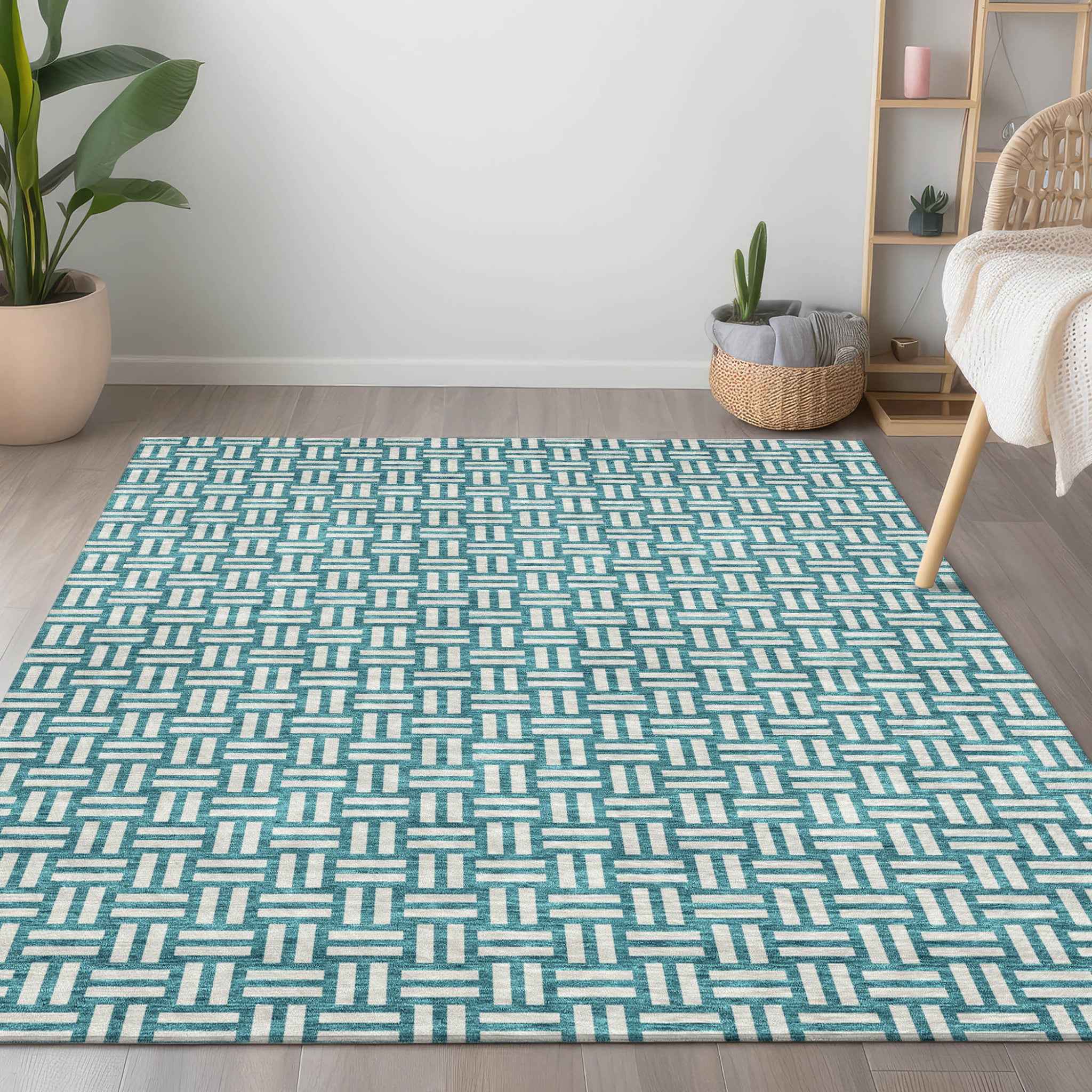10' X 14' Teal Blue And Gray Geometric Washable Indoor Outdoor Area Rug