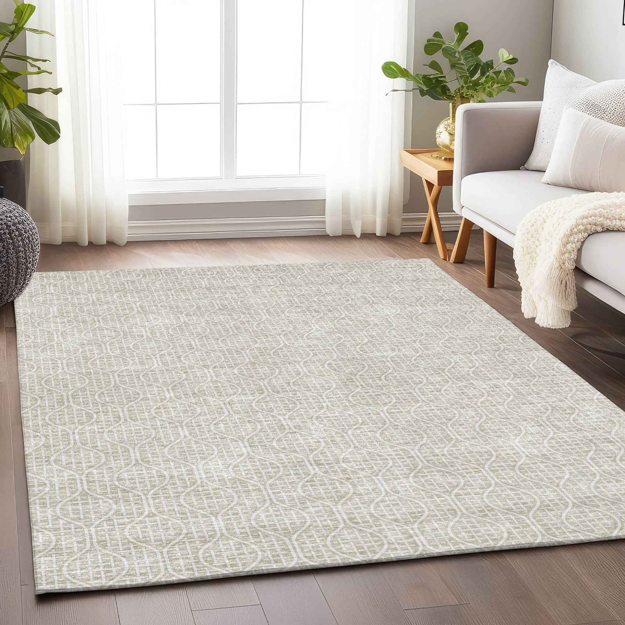 3' X 5' Beige And Ivory Geometric Washable Indoor Outdoor Area Rug