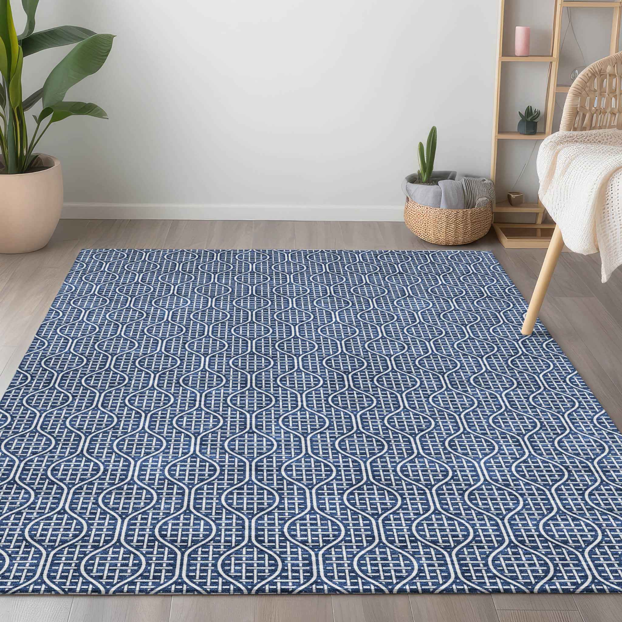 10' X 14' Navy Blue And Ivory Geometric Washable Indoor Outdoor Area Rug