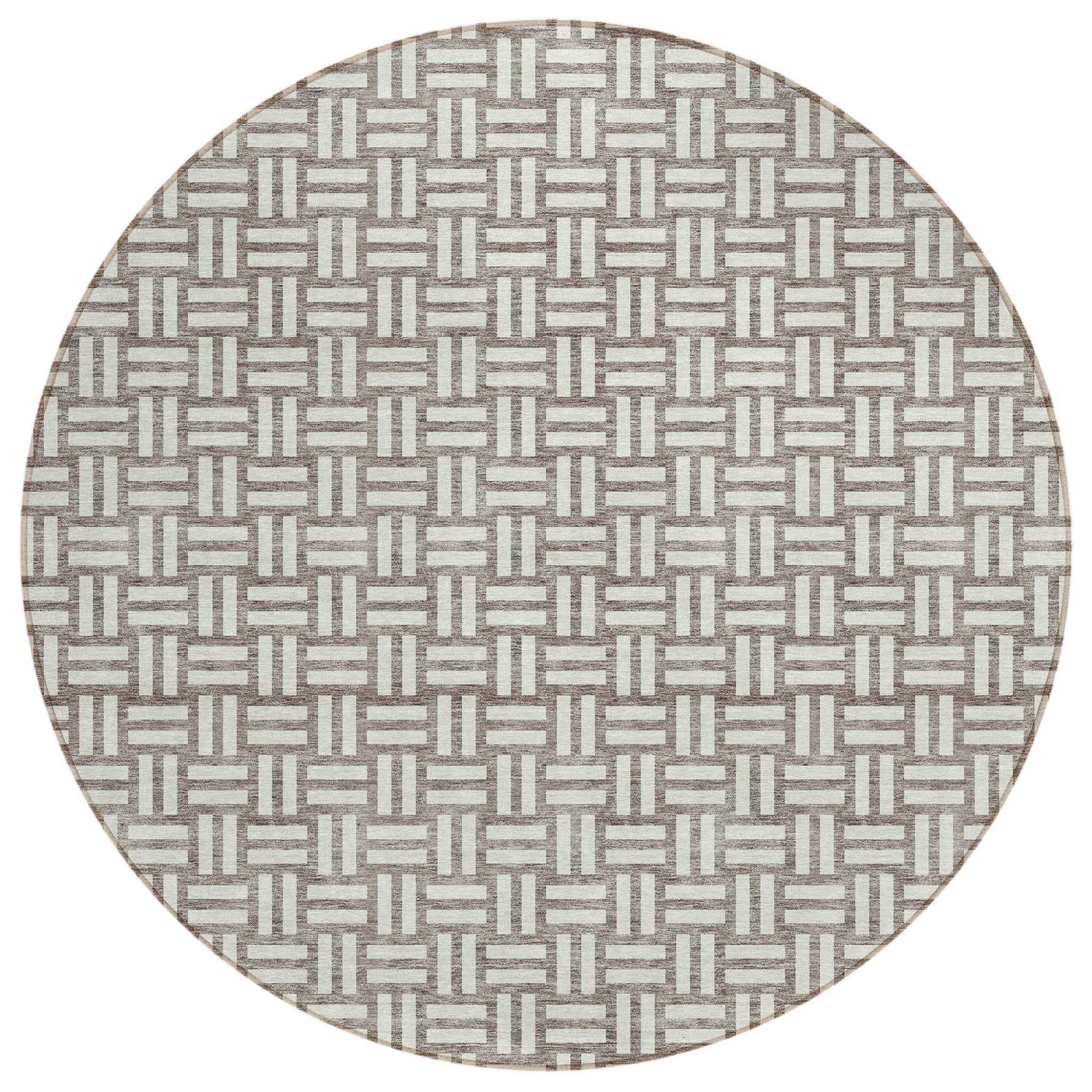 8' Taupe And Gray Round Geometric Washable Indoor Outdoor Area Rug
