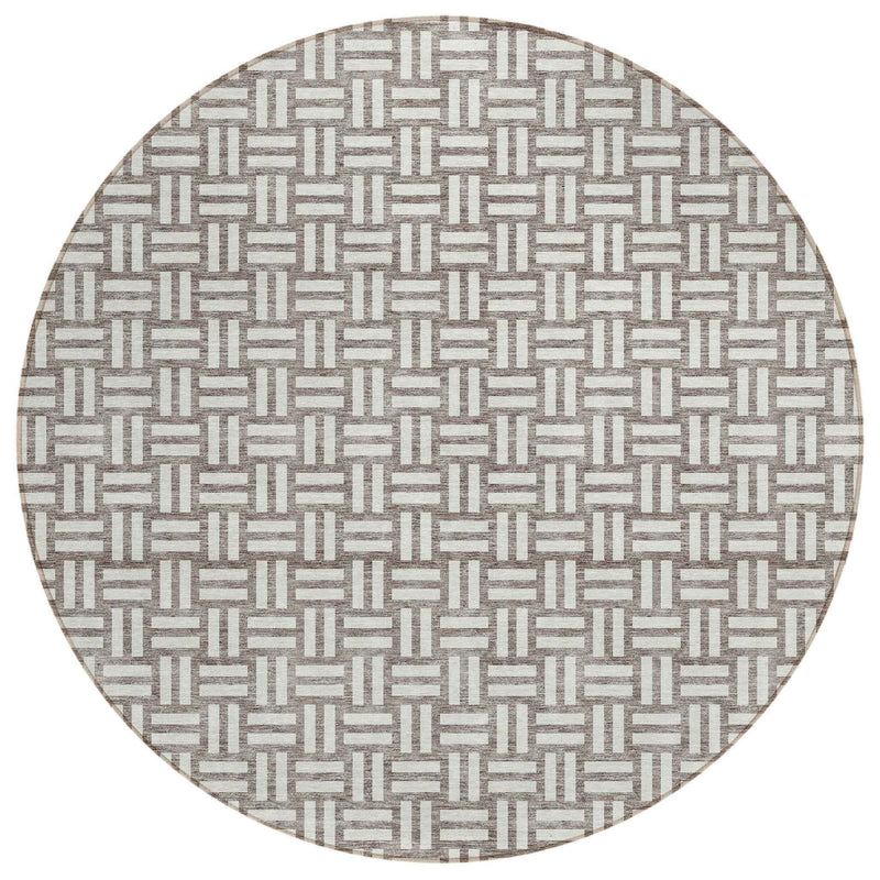 8' Taupe And Gray Round Geometric Washable Indoor Outdoor Area Rug