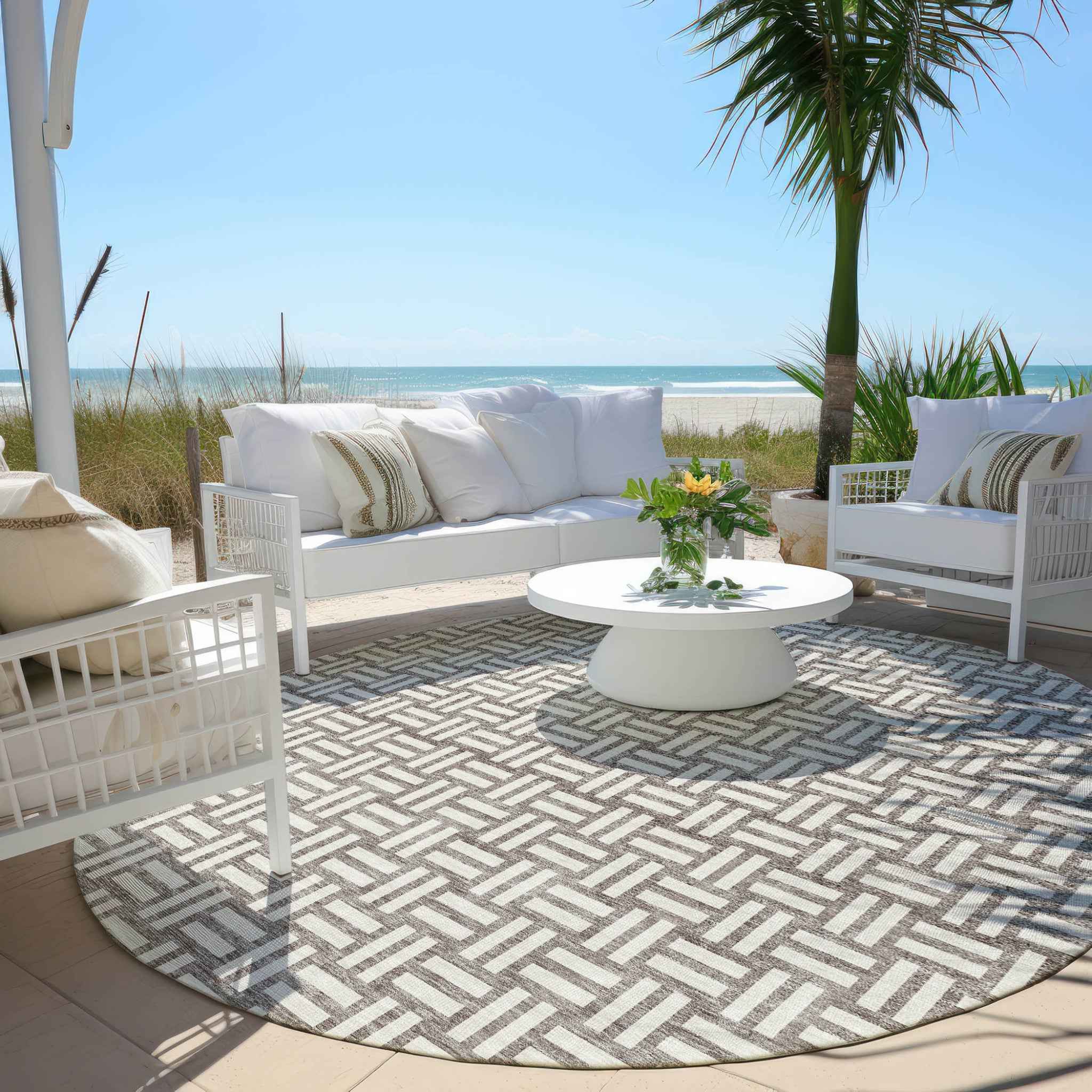 8' Taupe And Gray Round Geometric Washable Indoor Outdoor Area Rug