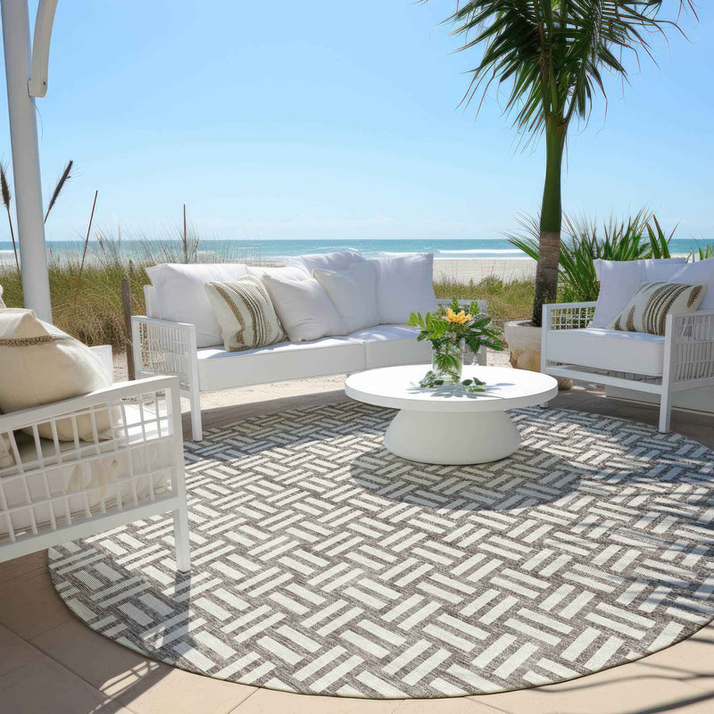 8' Taupe And Gray Round Geometric Washable Indoor Outdoor Area Rug