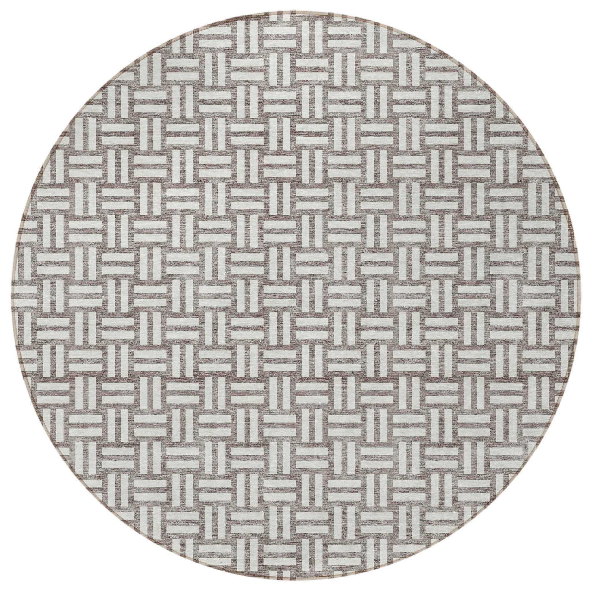 8' Taupe And Gray Round Geometric Washable Indoor Outdoor Area Rug