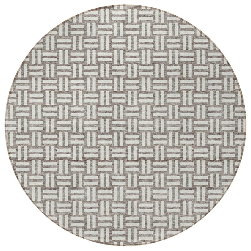8' Taupe And Gray Round Geometric Washable Indoor Outdoor Area Rug