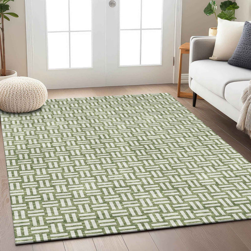 9' X 12' Green And Ivory Geometric Washable Indoor Outdoor Area Rug