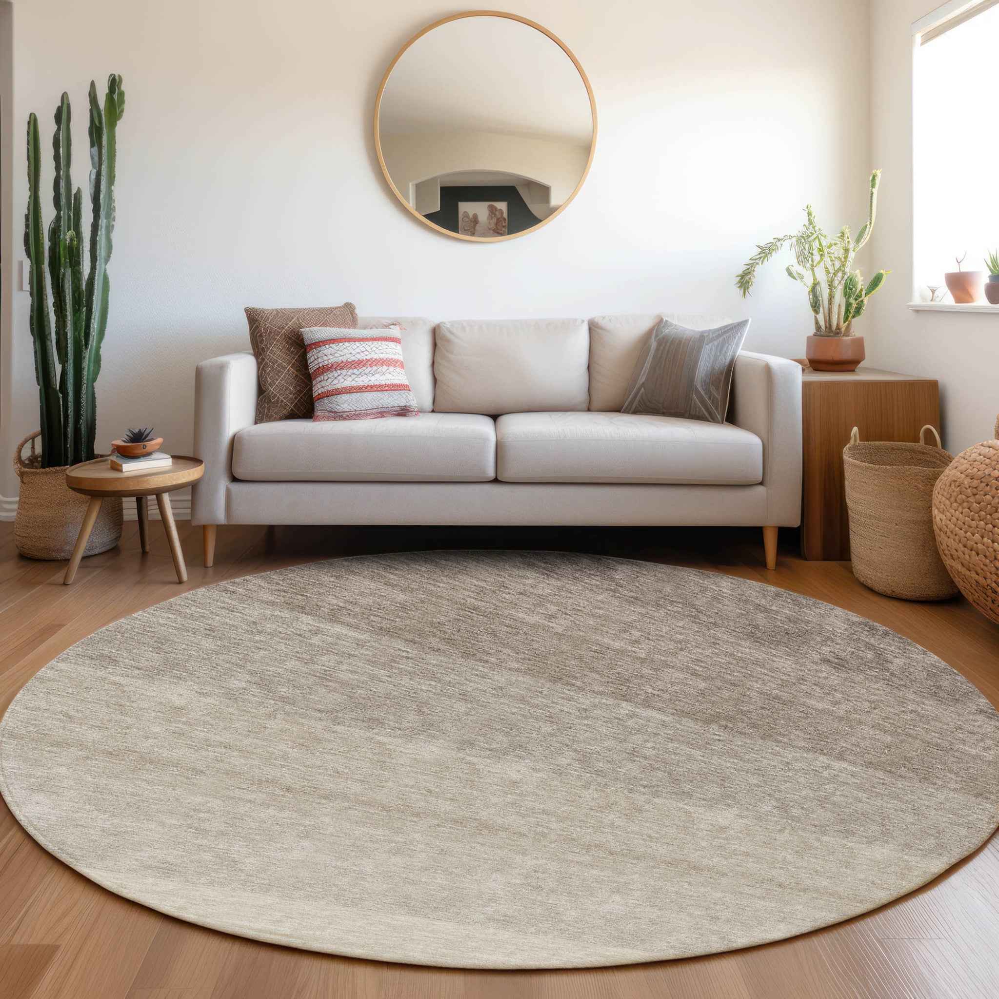 8' Brown And Ivory Round Ombre Washable Indoor Outdoor Area Rug
