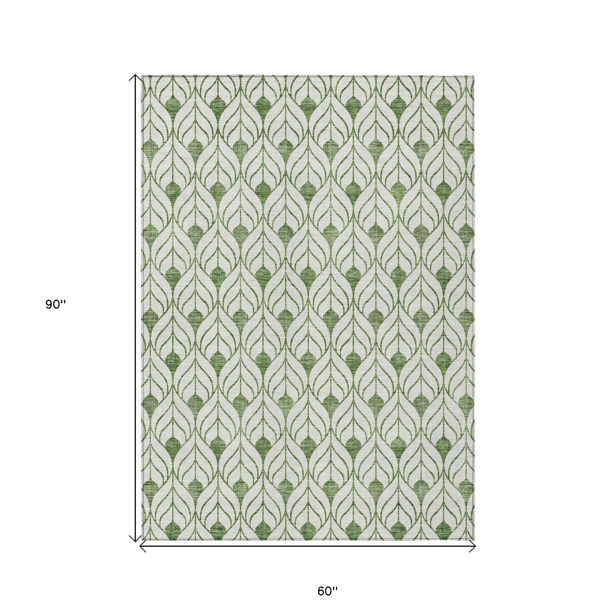 5' X 8' Green And Ivory Geometric Washable Indoor Outdoor Area Rug