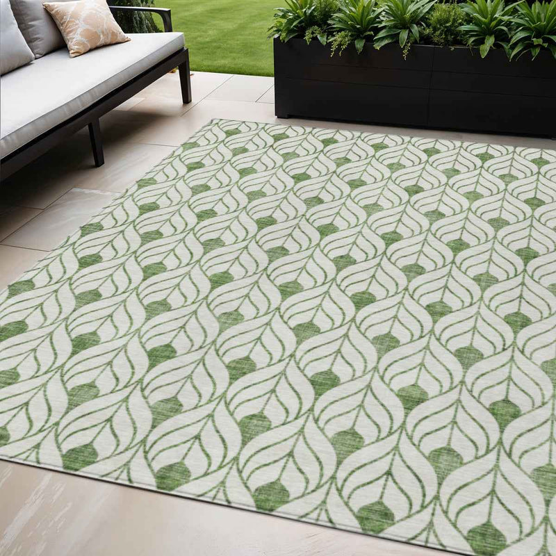 5' X 8' Green And Ivory Geometric Washable Indoor Outdoor Area Rug